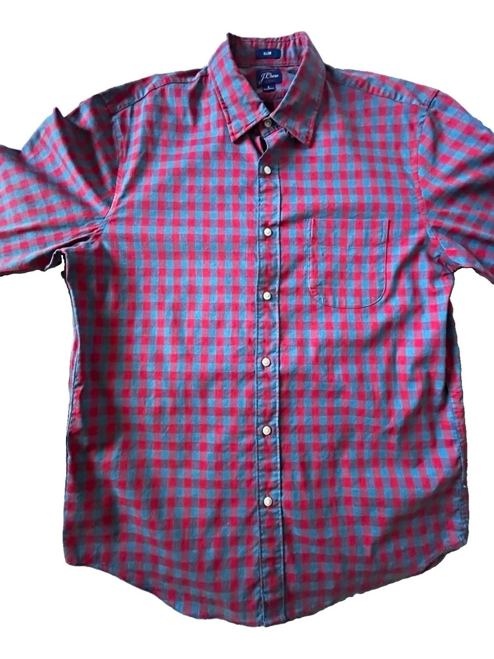 J.Crew Men's Large (L) Slim Fit Red/Blue Gingham Pattern Button-Up Shirt - Picture 2 of 8